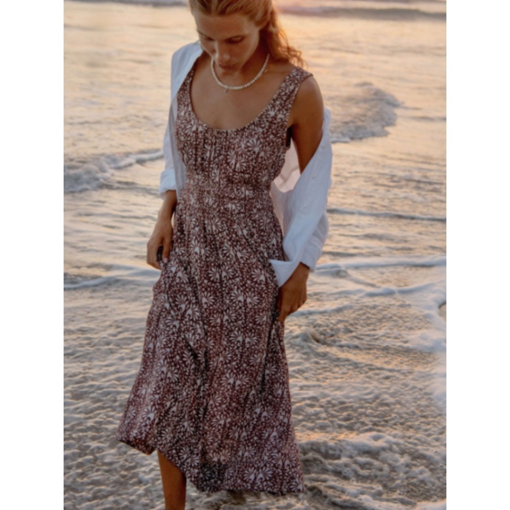 Faherty Sunseeker Dress Sausalito Sunset Brown Floral Smocked Midi Small